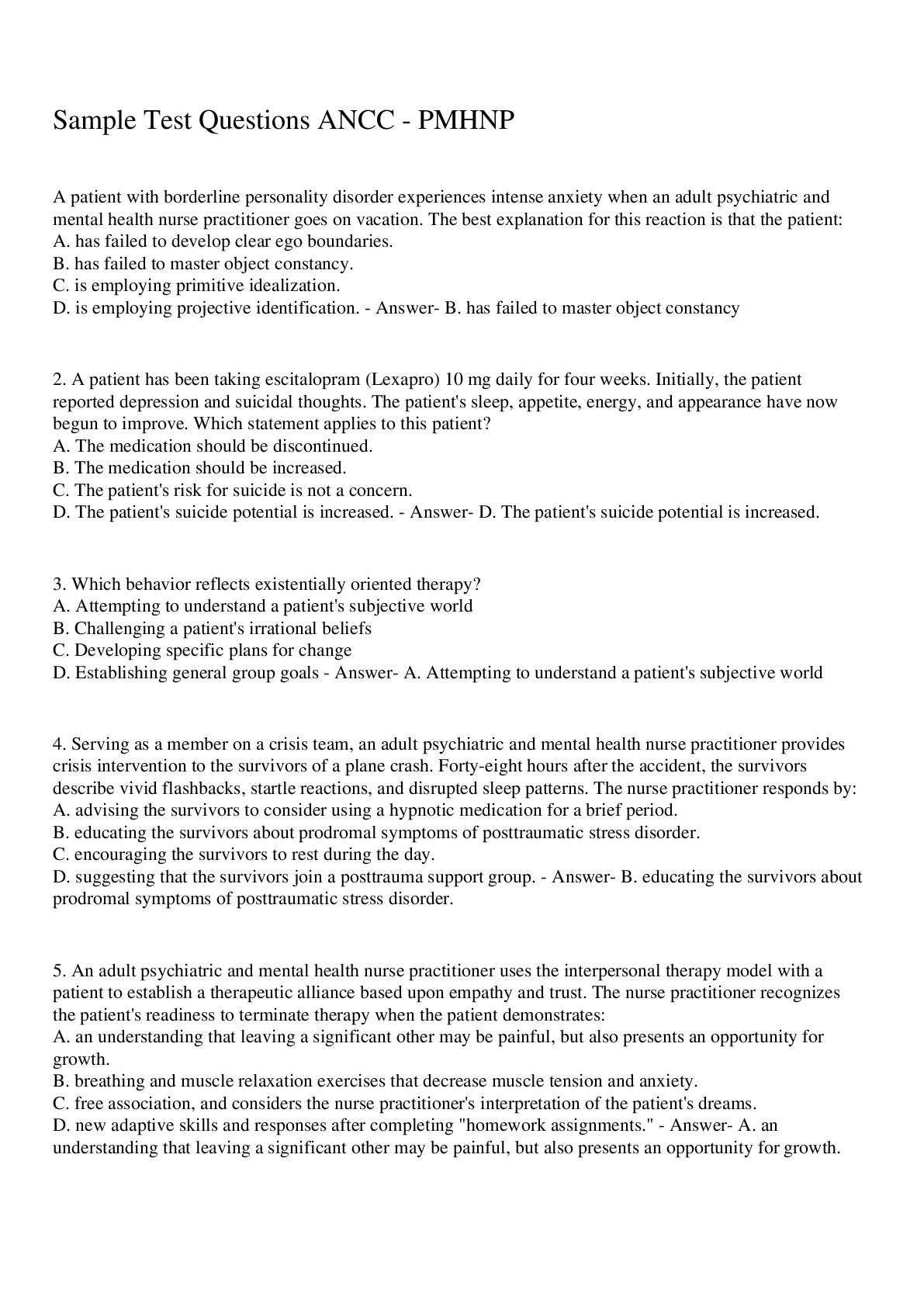 Preview image for Sample Test Questions ANCC - PMHNP